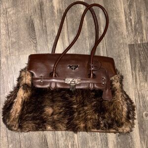 Vintage Brown Fur-Accented Shoulder Bag